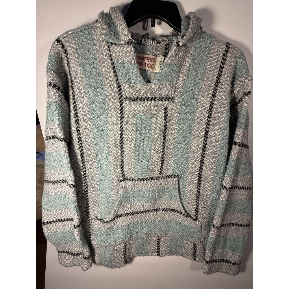 Gypsy Striped Knit Hooded Pullover Hoodie Light Blue Gray Men's L Long Sleeve
